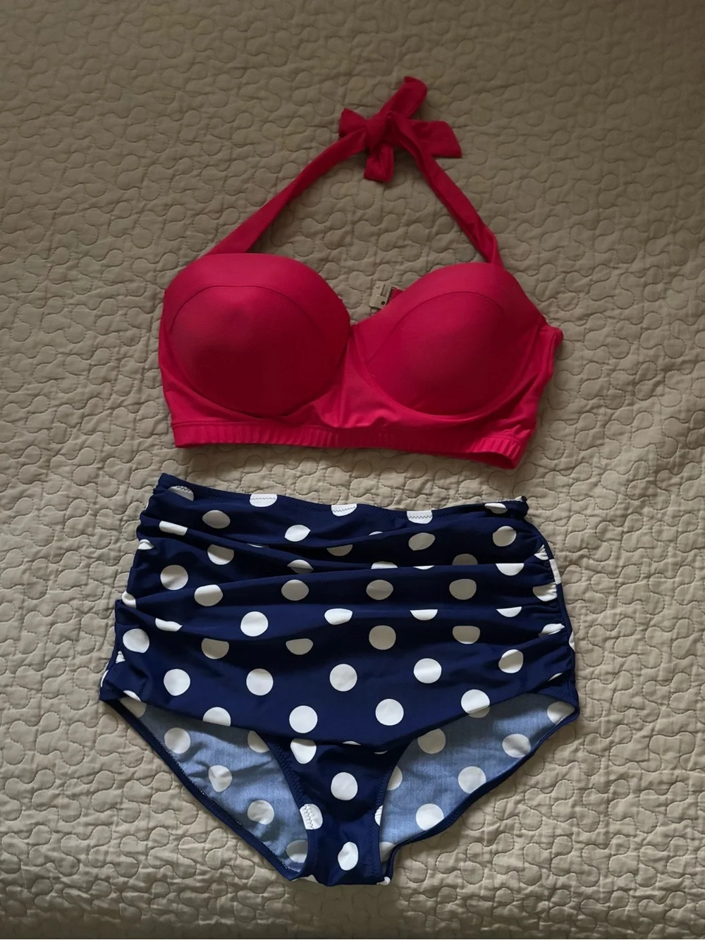 🌞Pink Bandeau Halter Bikini Top with Navy White Polka Dot Skirted Bottom